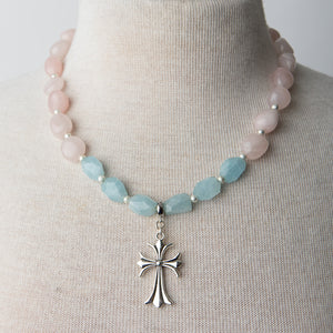 Jennifer’s Aquamarine and Rose Quartz Cross Necklace