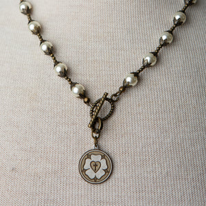 Jennifer’s Swarovski Glass Pearl and Antiqued Brass Luther’s Rose Necklace