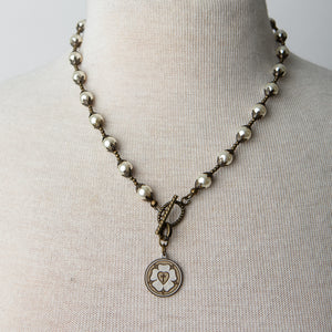 Jennifer’s Swarovski Glass Pearl and Antiqued Brass Luther’s Rose Necklace