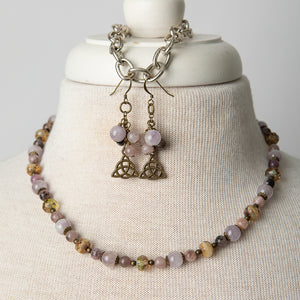 Jennifer’s Amethyst, Czech Glass, Necklace and Trinity Earring Set