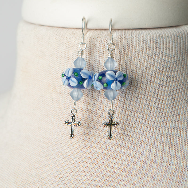 Jennifer’s Blue Floral Handmade Lampwork Glass Cross Earrings