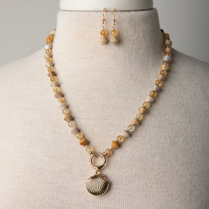 Jennifer’s Fossil Coral and Citrine Shell Baptism Locket Necklace and Earring Set