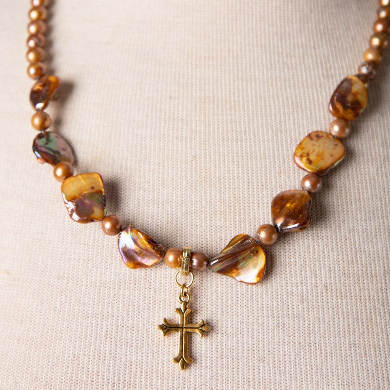 Jennifer’s Golden Pearl Cross Necklace