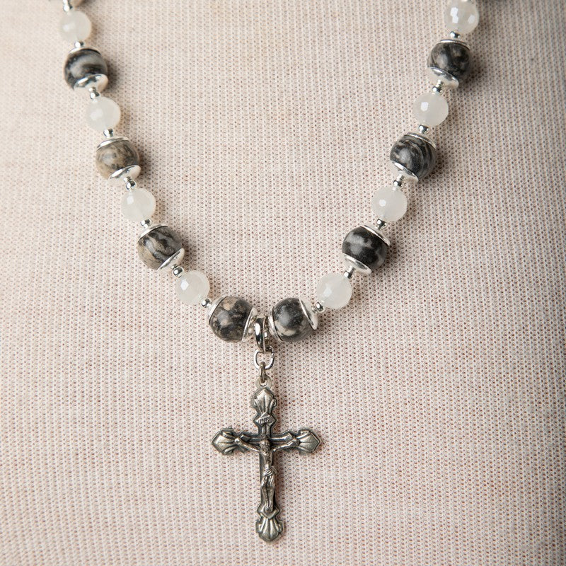 Jennifer’s Grey & White Necklace with Druzy and Crucifix Pendant Set