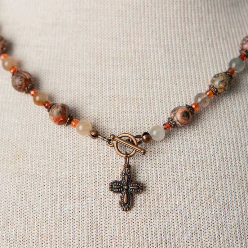 Jennifer’s Leopard Jasper, Rutilated Quartz, and Cubic Zirconia, Copper Cross Necklace