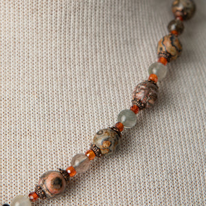 Jennifer’s Leopard Jasper, Rutilated Quartz, and Cubic Zirconia, Copper Cross Necklace