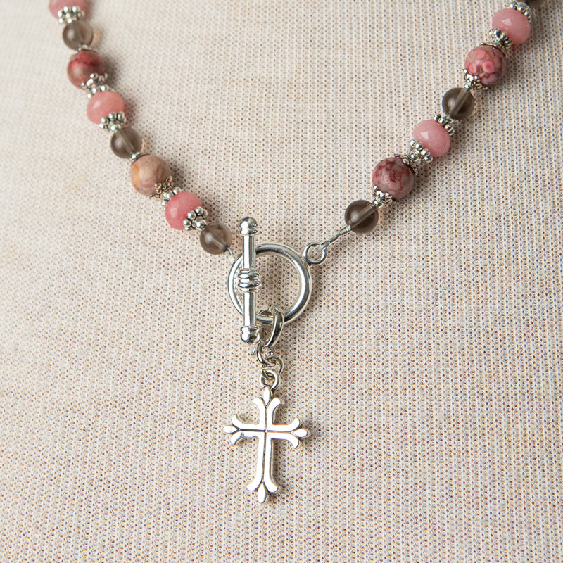 Jennifer’s Pink Maifan, Jade, and Smokey Quartz Cross Necklace