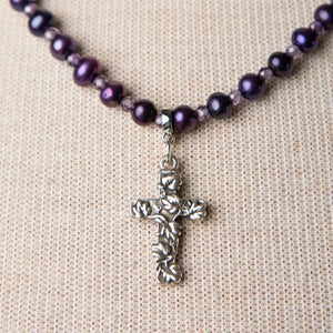 Jennifer’s Purple Pearl and CZ Grapevine Cross Necklace