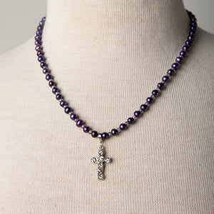 Jennifer’s Purple Pearl and CZ Grapevine Cross Necklace