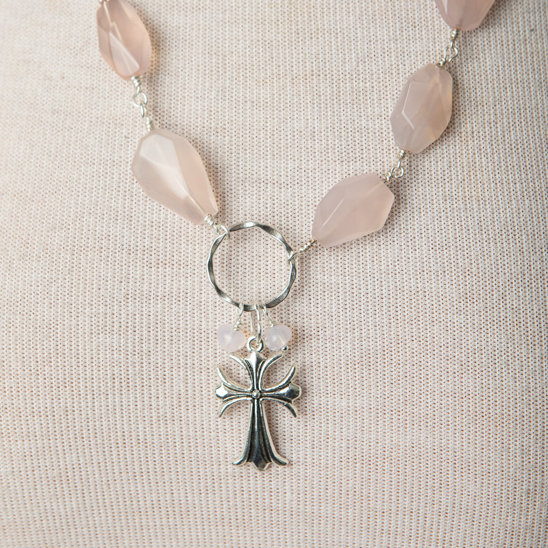 Jennifer’s Rose Quartz, Glass, and Lepidolite Cross Necklace