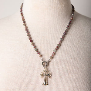 Jennifer’s Ruby, Sapphire, and Labradorite Cross Necklace and Trinity Earring Set