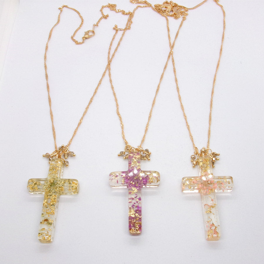 Kelly's Floral Resin Cross Necklace