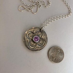 Kathy’s Handcrafted Silver Cross Medallion Necklace with Purple Synthetic Gemstone