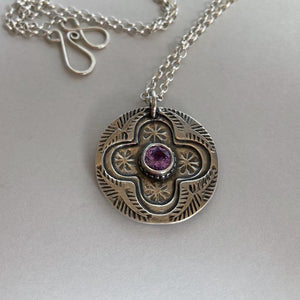 Kathy’s Handcrafted Silver Cross Medallion Necklace with Purple Synthetic Gemstone