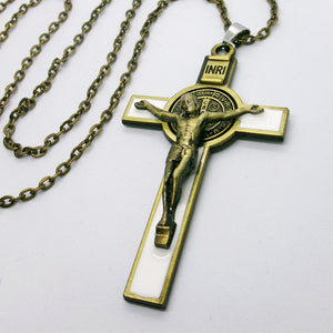 Kelly's White Enameled Bronze St. Benedict Crucifix