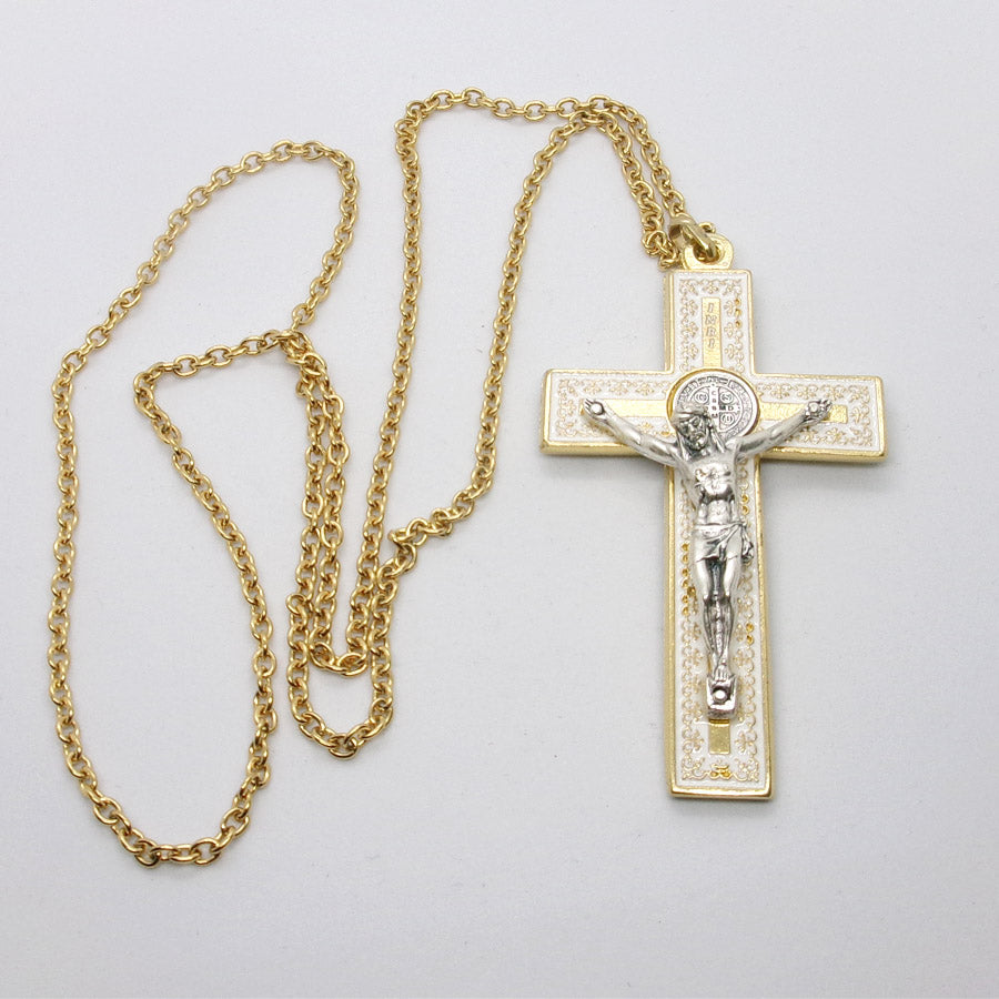 Kelly's White/Gold St. Benedict Crucifix Necklace