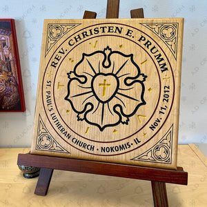 Ad Crucem Luther Rose commemorative Wood Plaque - Engraved & Painted