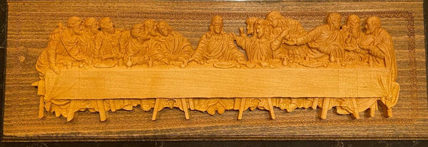 3D precision carved portrait of 2024 the Last Supper on a beautiful piece of cherry wood.